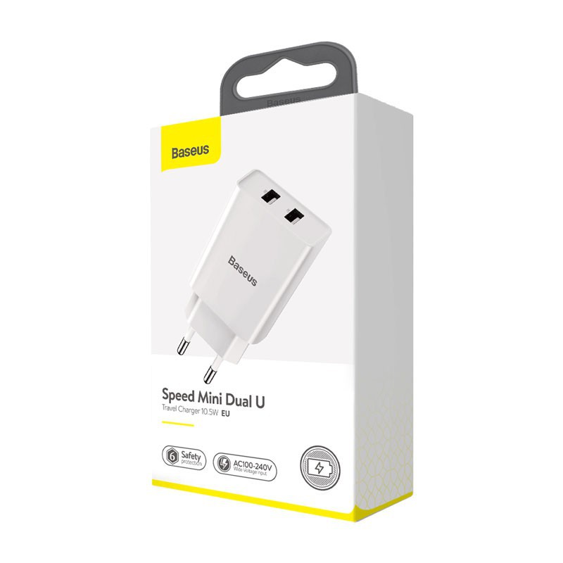 Củ sạc Baseus cổng USB kép 10.5W 5V 2A sạc tối đa cho điện thoại khi đi du lịch