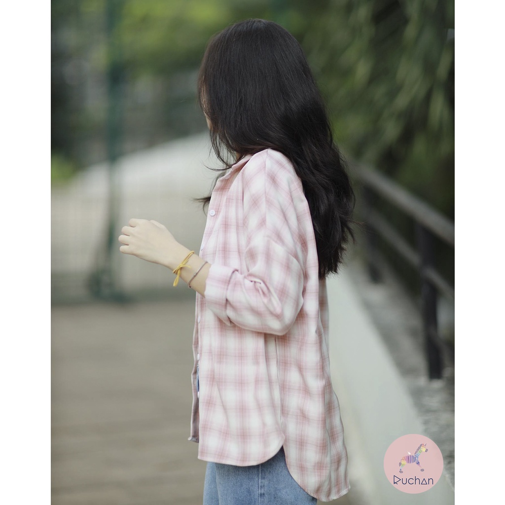 Áo sơ mi caro nữ form rộng RUCHAN kiểu tay dài kẻ sọc oversized có cổ khoác ngoài thiết kế thời trang màu caro hồng