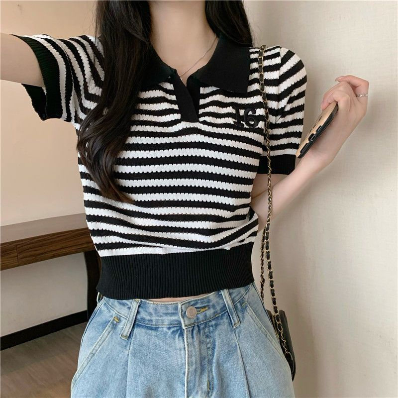 Áo Thun polo Dệt Kim Tay Ngắn Dáng Ôm Thêu Họa Tiết Kẻ Sọc Thời Trang Xinh Xắn Cho Nữ