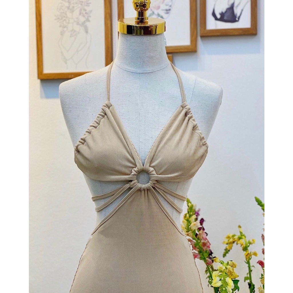 Đầm body gân cổ yếm có mút khoen trước khoét eo dây quấn eo hở lưng sexy MS57