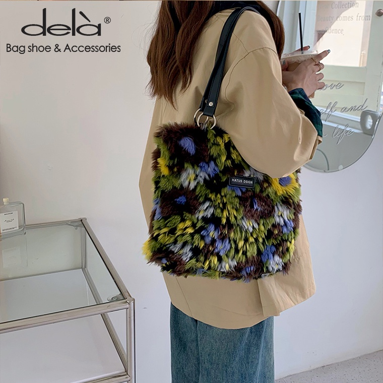 Dela Túi tote Đeo Vai Bằng Vải Lông Họa Tiết Tranh Sơn Dầu Nghệ Thuật Sáng Tạo Nghệ Thuật Mùa Thu 2022 Mới