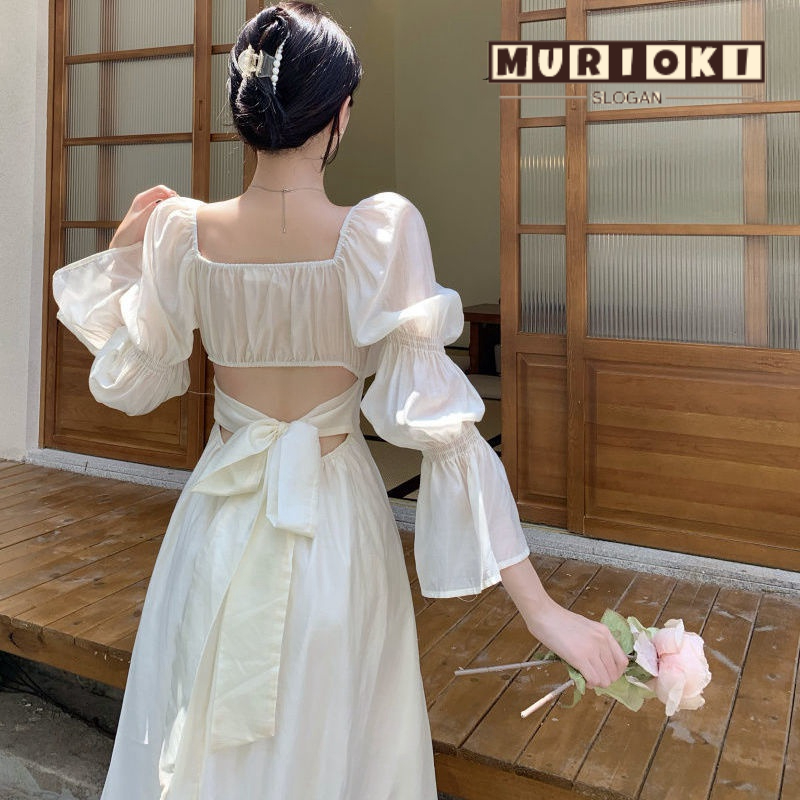 Đầm Công Chúa Chiffon Chữ A Cổ Vuông Tay Phồng Phối Ren Ngọt Ngào Cho Nữ