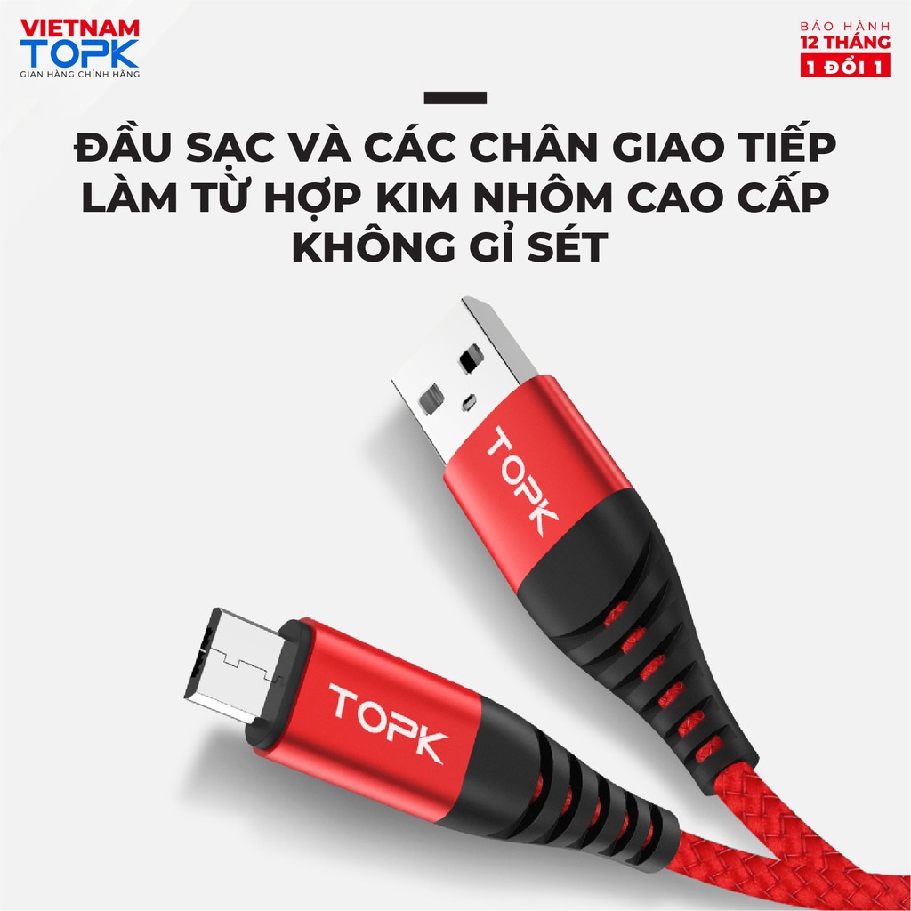 Dây sạc iPhone Type-C Micro USB TOPK AN42 - Dòng điện 3A - Hàng chính hãng - Bảo hành 12 tháng 1 đổi 1