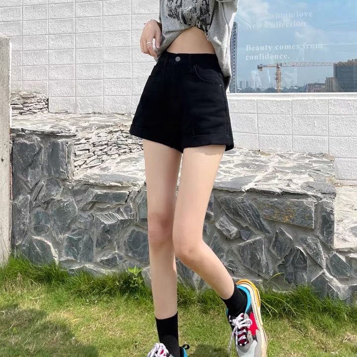 Quần short SUXI vải denim dáng chữ A lưng cao màu đen trơn cho nữ