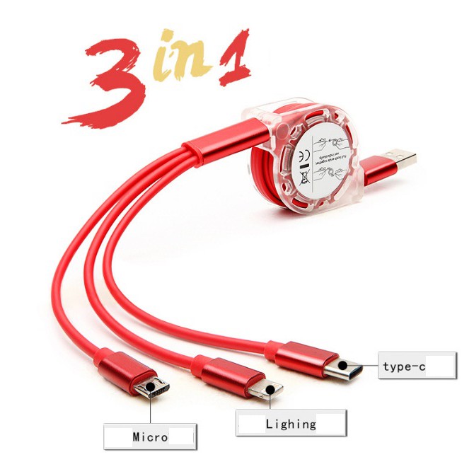 [Mã 2404EL10K giảm 10K đơn 20K] Cáp sạc 3 đầu Lightning Type C và Micro USB dây rút