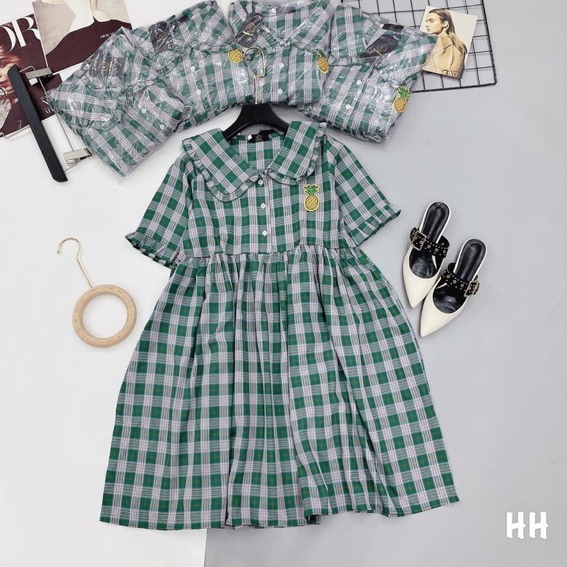 Đầm Babydoll Caro Thêu Dứa Gài Nút | BigBuy360 - bigbuy360.vn