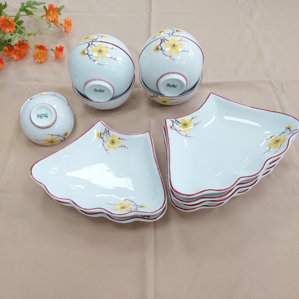 Bộ bát đĩa hoa mặt trời hoạ tiết Mai vàng Gốm sứ Bát tràng cao cấp, Thuyền ngự gà mai vàng sz chuẩn dk 45cm