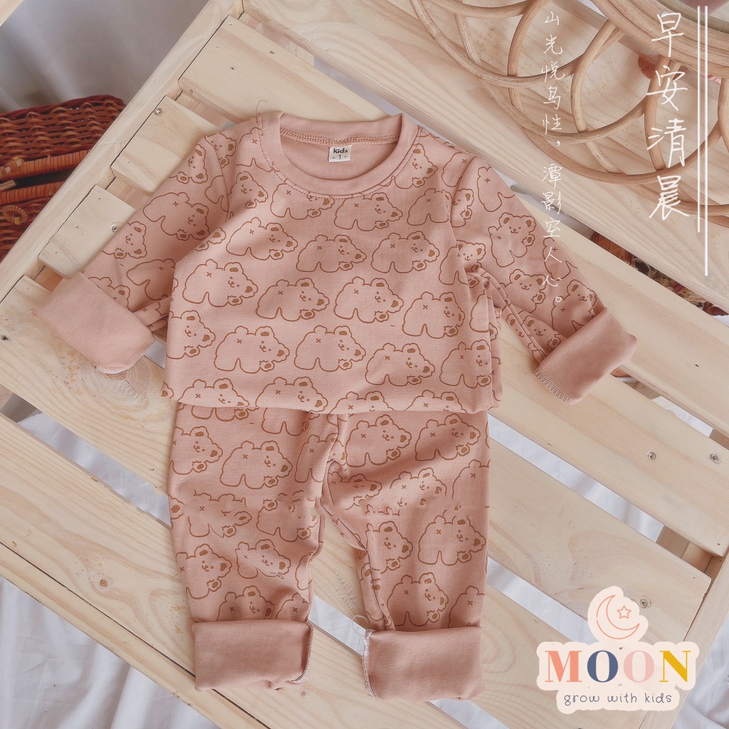 Bộ Ngủ Dài Tay Cho Bé Trai, Bé Gái Chất Cotton Zip Hàn In Tràn Hình Gấu Đáng Yêu