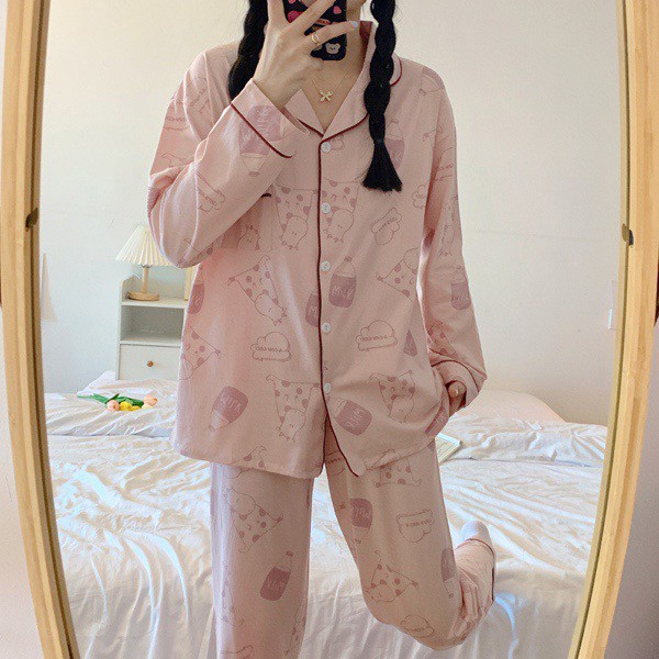 Bộ ngủ Pyjama Hình Bò Sữa Chất Cotton Ulzzang style🌸 Hàng Quảng Châu