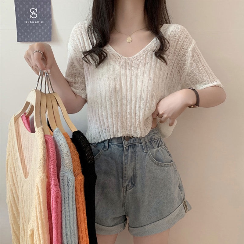 Áo Dệt Kim Cổ Chữ V Màu Sắc Đơn Giản Phong Cách Hàn Quốc Cho Nữ