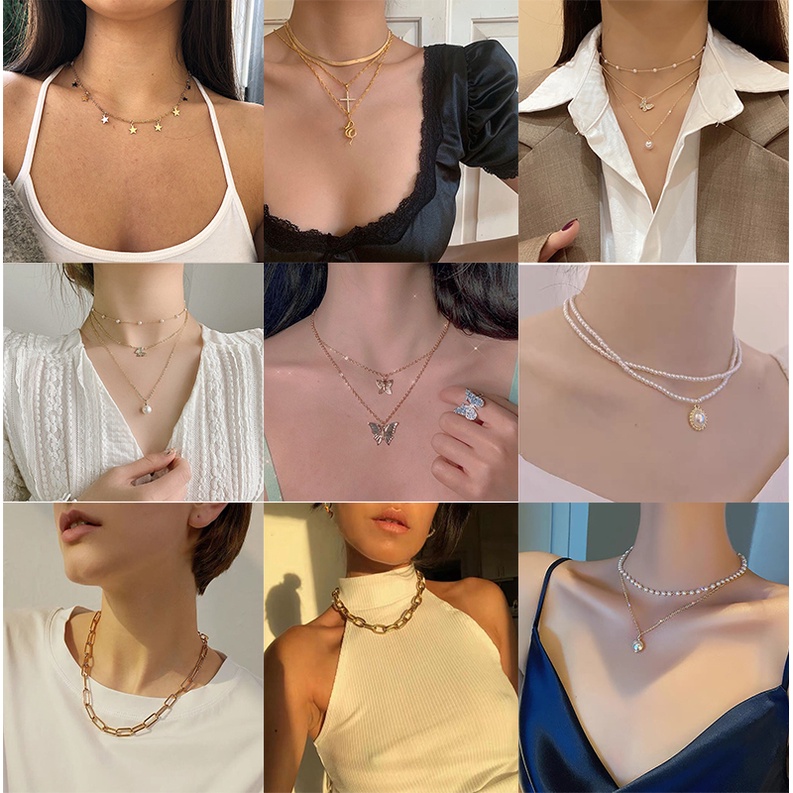 Vòng cổ 2 lớp đính ngọc trai giả phong cách cổ điển
