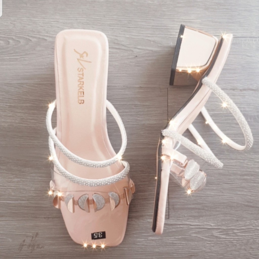 Cao Gót Nữ 5 Phân Đính Đá Đẹp Tiểu Thư Sang Chảnh gót vuông hở mũi quai ngang mảnh Hot MÃ CG01  MINHTUYETSHOES