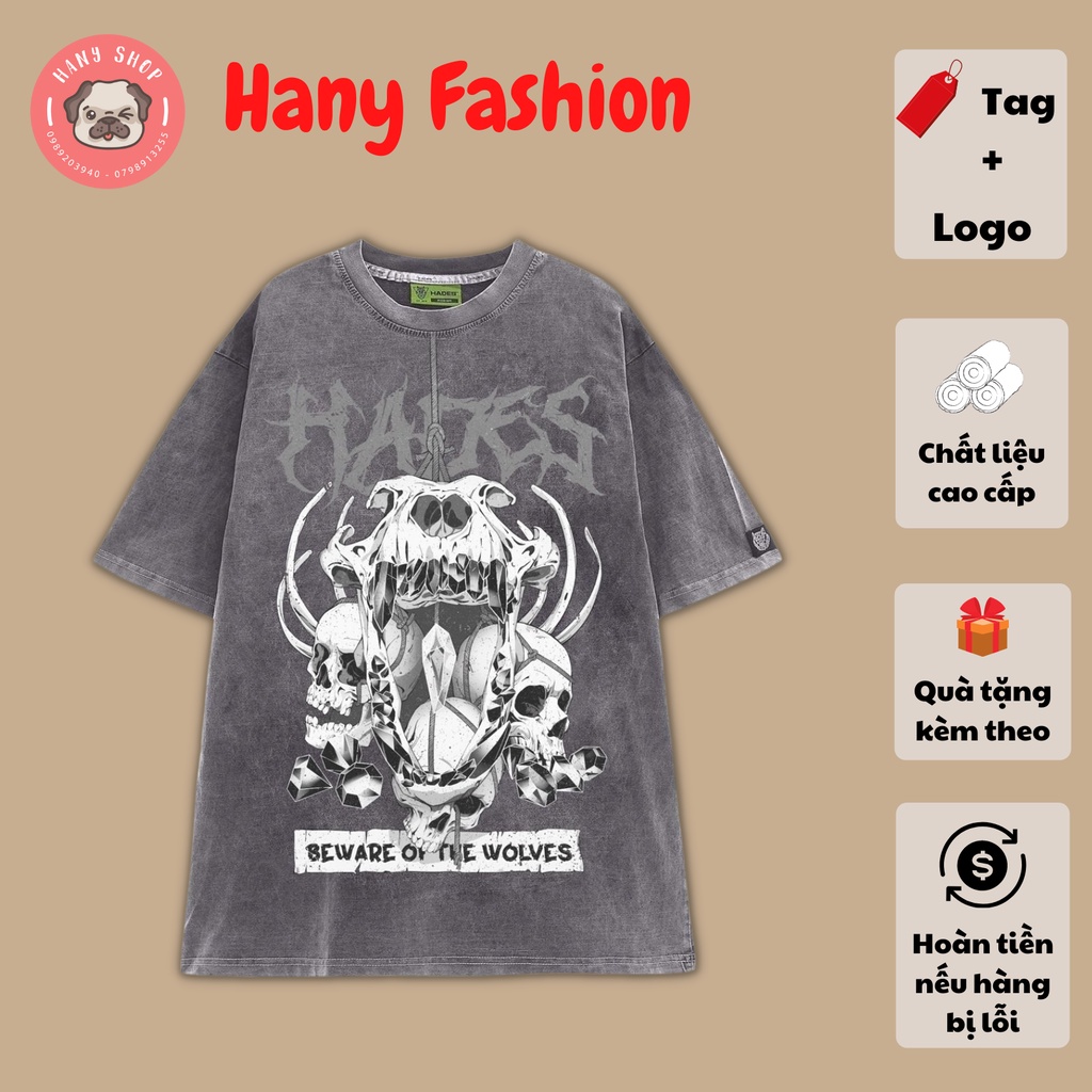 Áo thun form rộng Hades Skull Wolf Wash Tee màu xám phong cách unisex cho cả nam nữ, vải wash dày mịn, Hany Fashon AL118