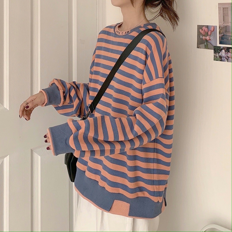 Áo Sweater Dài Tay Dáng Rộng Với Họa Tiết Sọc Ngang Xinh Xắn Theo Phong Cách Hàn Quốc