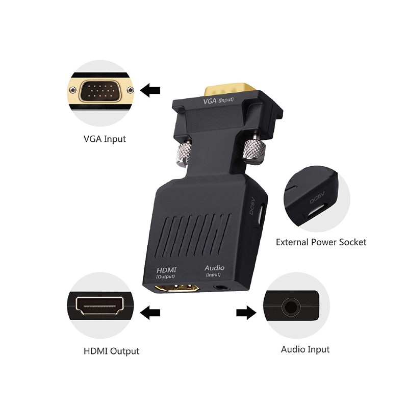 Đầu chuyển tín hiệu từ VGA sang HDMI VS hỗ trợ FullHD - tích hợp cổng âm thanh (Đen)