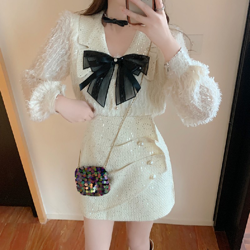 [HÀNG CÓ SẴN] Áo sơ mi lông phối chân váy dạ tweed ánh kim tiểu thư , set váy xinh hàng Quảng Châu