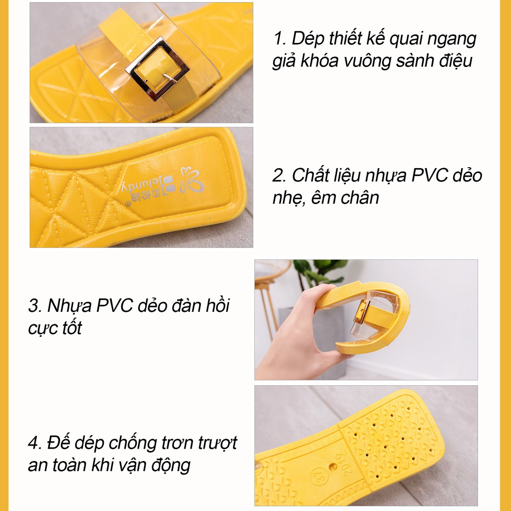 Dép Nữ Quai Ngang Quai Trong Nhựa PVC Cao Cấp Chống Thấm Nước Phối Khóa Vuông Sành Điệu - 3235