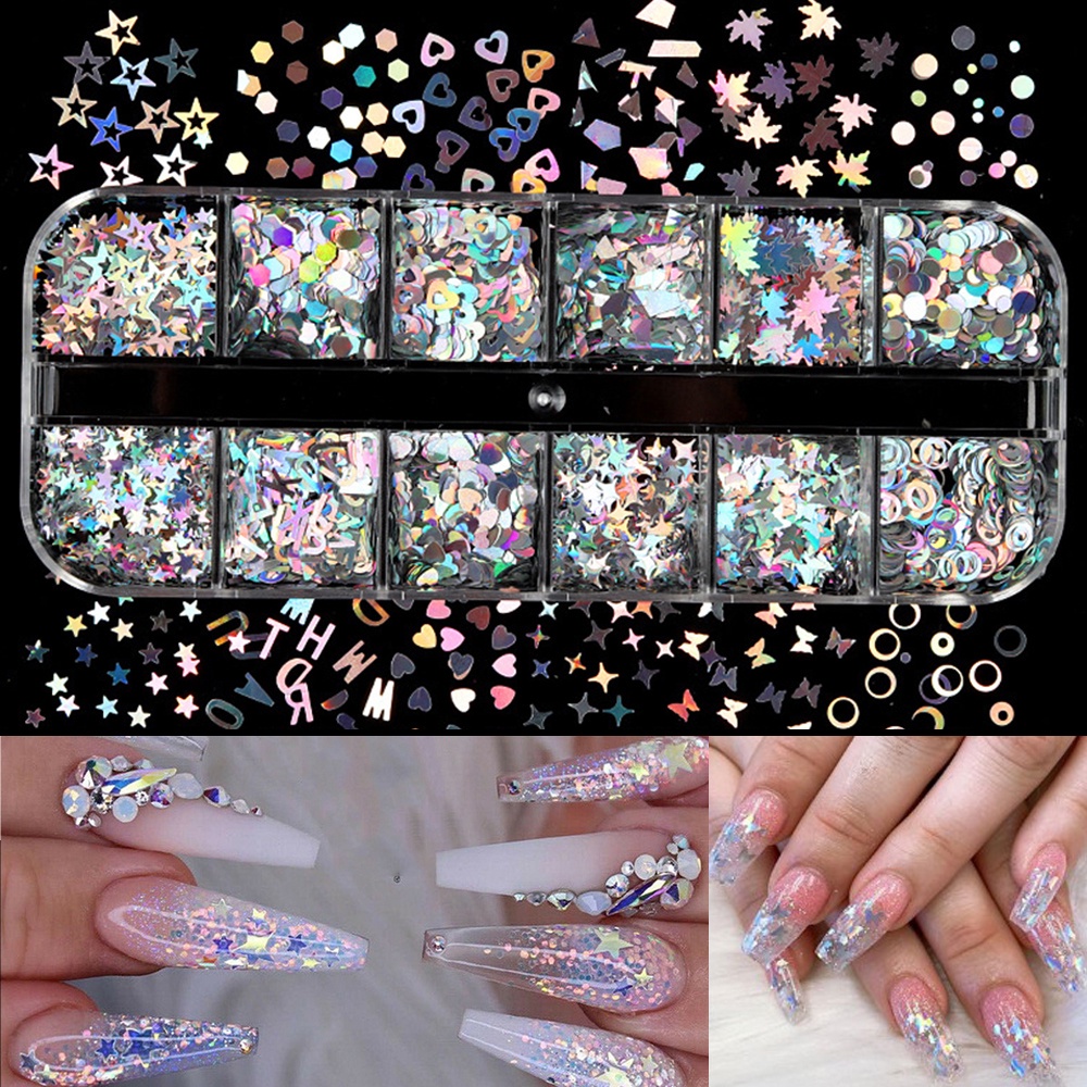 [Hàng mới về] Hộp kim sa hình học tim sao trăng bướm lấp lánh ba chiều nhiều màu sắc trang trí móng tay nghệ thuật DIY