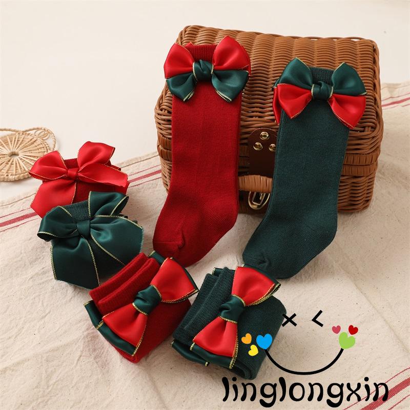 Set 2 đôi vớ dài trung bình đính nơ trang trí Giáng Sinh dành cho bé trai gái 0-4 tuổi