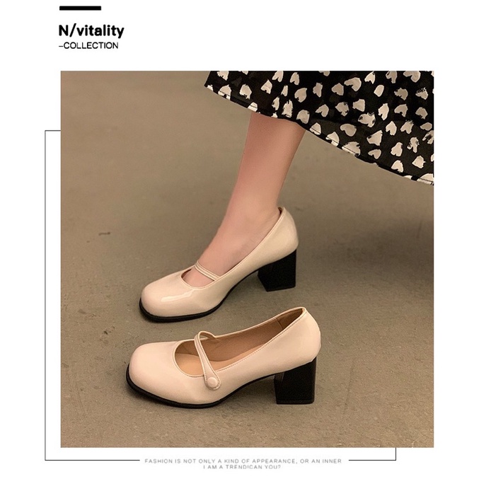 Giày búp bê mũi vuông da bóng gót cao 7cm