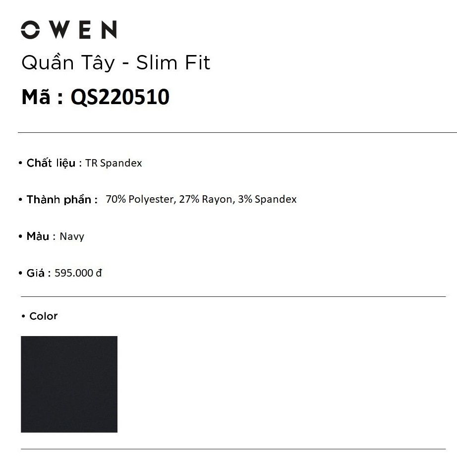 Quần Âu Nam Quần Tây Công Sở Cao Cấp OWEN QS220510 Dài Chân Dáng Slim Fit Ống Ôm Màu Navy Trơn Vải Polyester Đứng Form