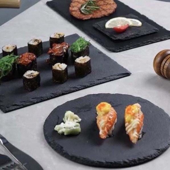 Dĩa / Đĩa đá đen decor đồ ăn, chụp hình sản phẩm, loại tròn-vuông-chữ nhật nhiều kích cỡ