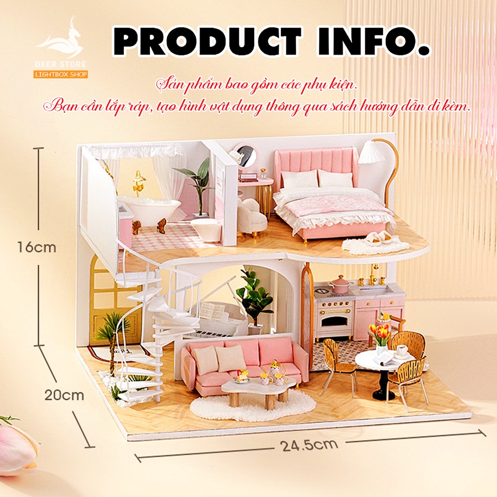 Nhà búp bê bằng gỗ tự làm. Tặng DỤNG CỤ, MICA CHE BUI và 2 BÌNH KEO DÁN. Mô hình nhà DIY Whisper In The Morning. L033