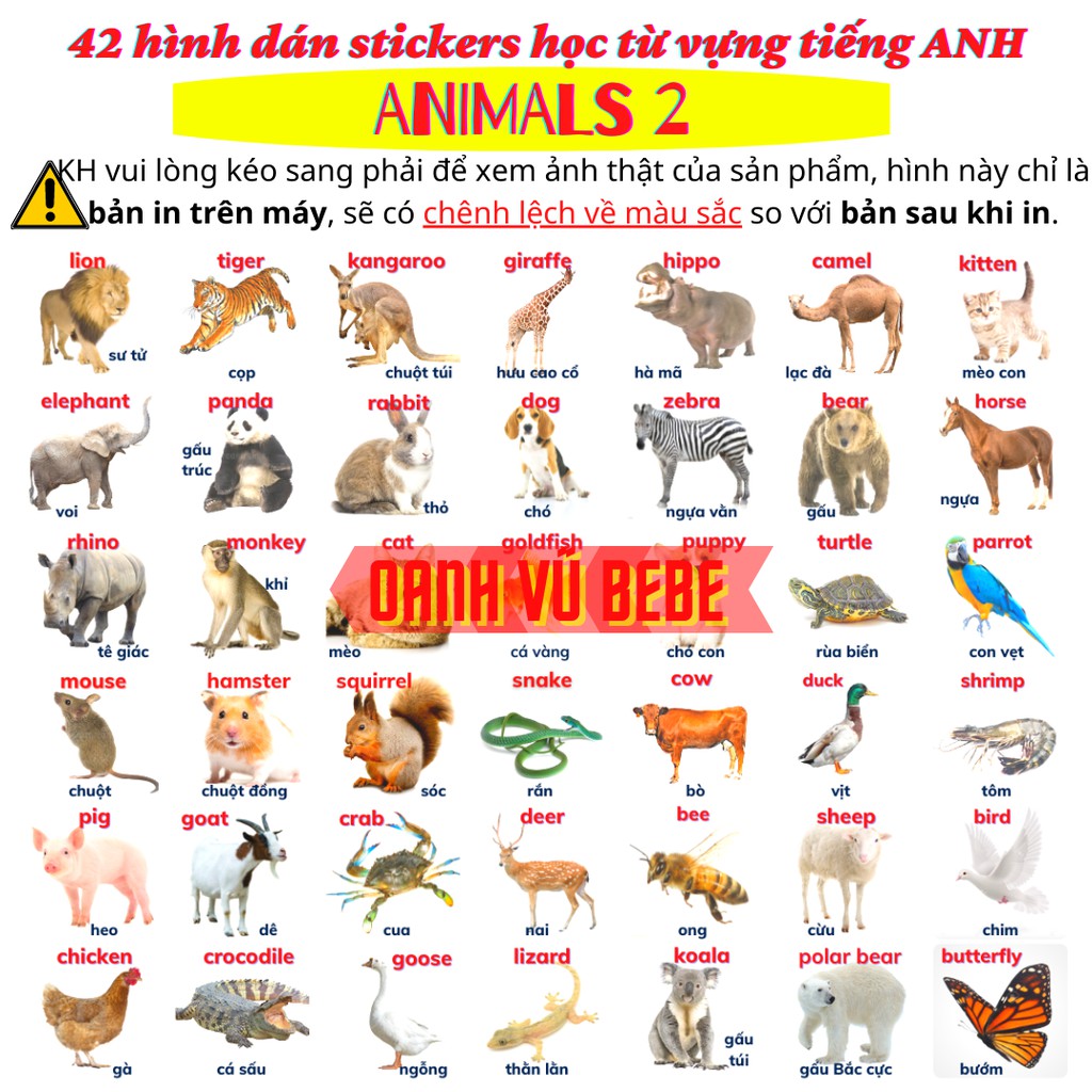 42 hình dán stickers học từ vựng Tiếng Anh - chủ đề Động vật