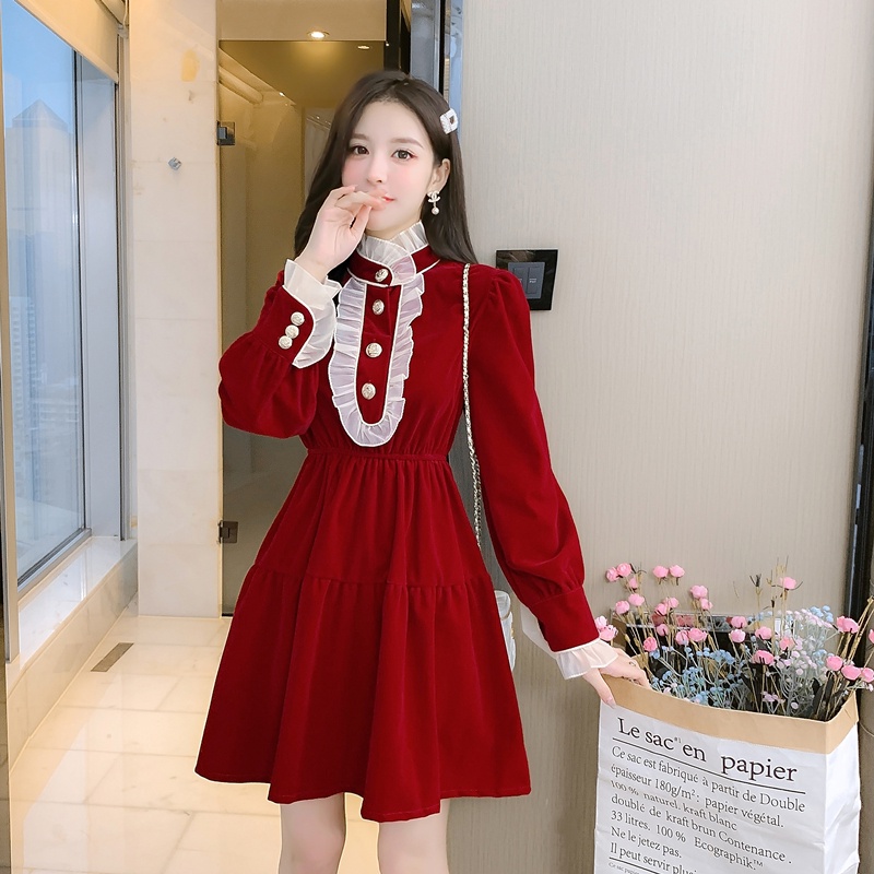 Đầm Nhung Phối Tai Gỗ Phong Cách Retro Thời Trang Mùa Xuân K4444 2022