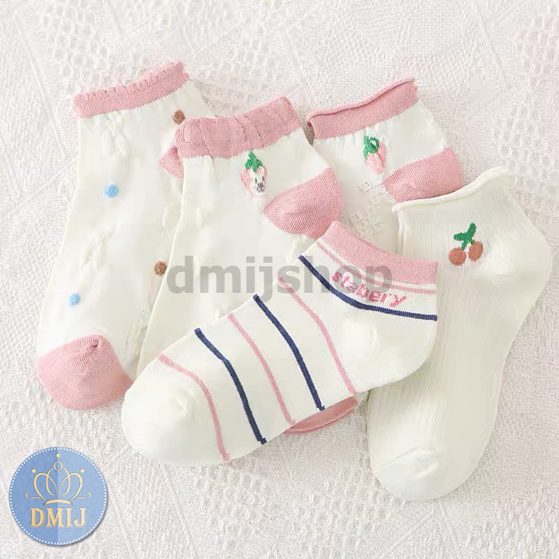 Set 5 đôi tất nữ cổ thấp họa tiết hồng kem sữa T26