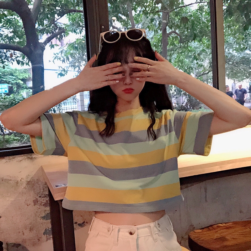 Women Korean Striped Short Sleeve Crop Tops | BigBuy360 - bigbuy360.vn