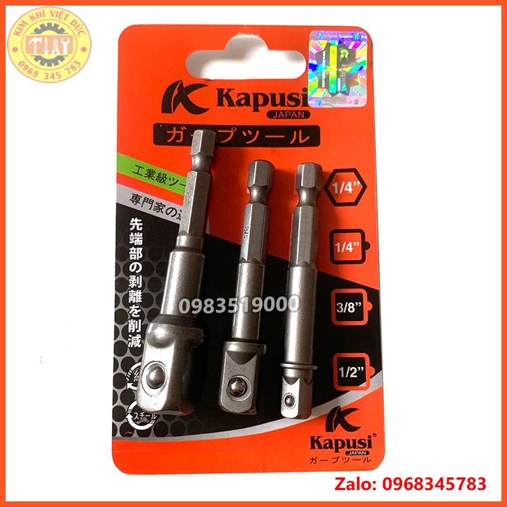 Bộ 3 đầu chuyển vặn khẩu Kapusi JAPAN chuôi lục giác cho máy khoan điện, khoan pin cỡ 1/2 - 3/8 - 1/4 thép cứng siêu bền