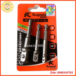 Bộ 3 đầu chuyển vặn khẩu Kapusi JAPAN chuôi lục giác cho máy khoan điện, khoan pin cỡ 1/2 - 3/8 - 1/4 thép cứng siêu bền