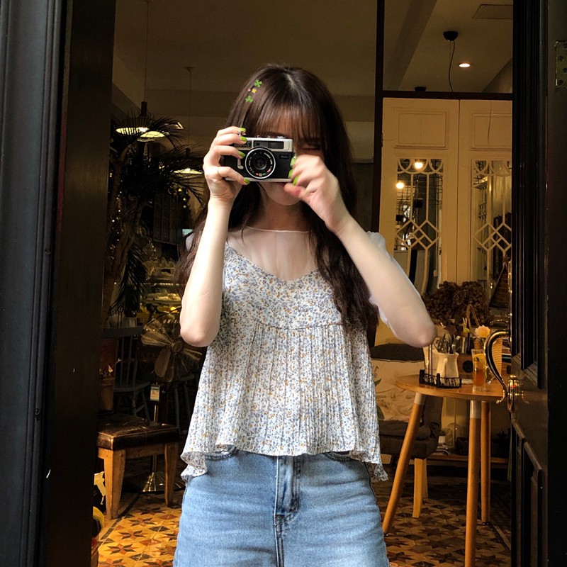 Áo chiffon in họa tiết hoa hai lớp phong cách Hàn Quốc xinh xắn | BigBuy360 - bigbuy360.vn