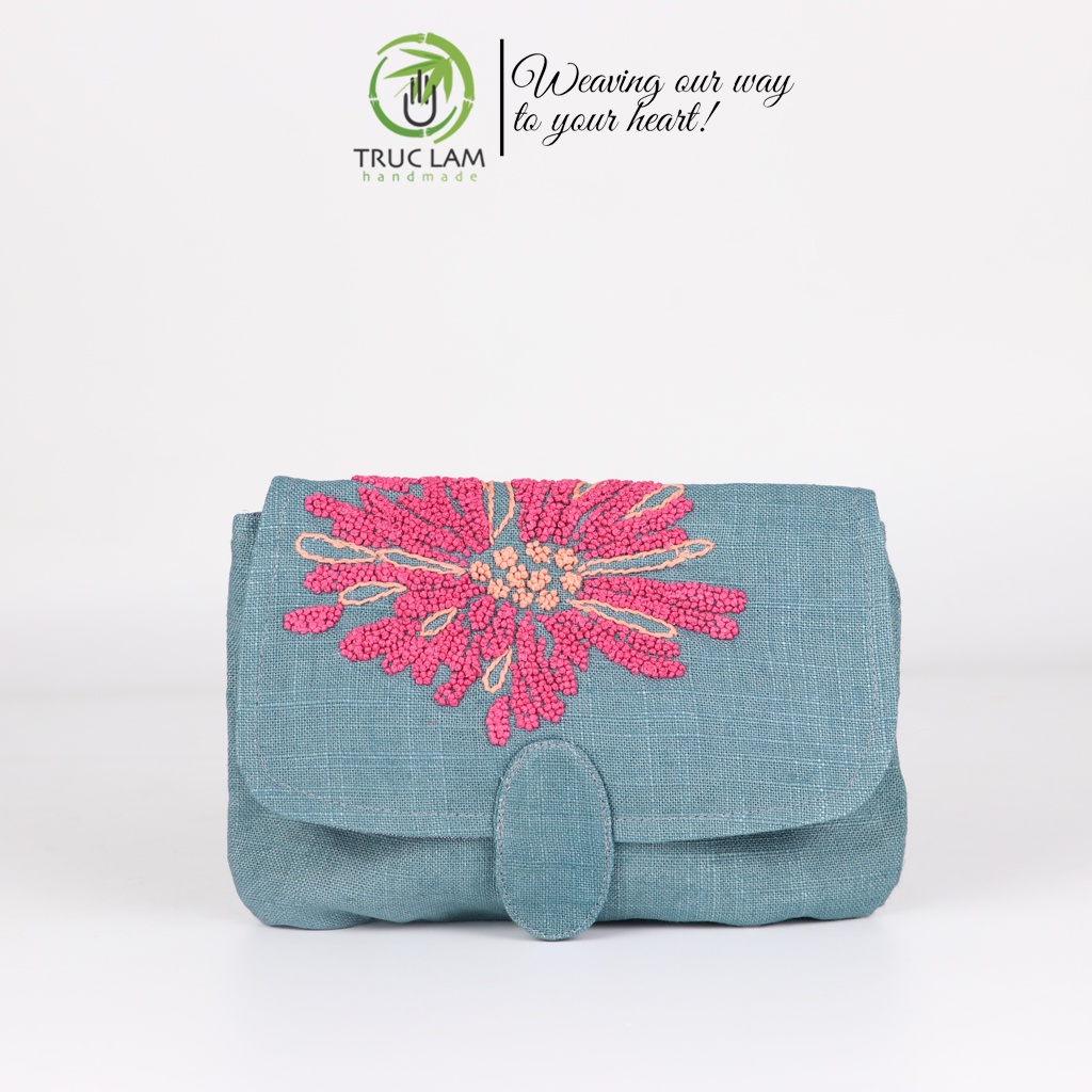 Ví Cầm Tay Nữ Vải Linen Thêu Tay Sa Hạt Họa Tiết Hai Hoa Cúc - Trúc Lâm Handmade