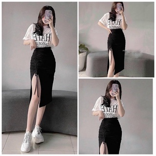Set Áo Kèm Chân Váy Xẻ Tà In Hate