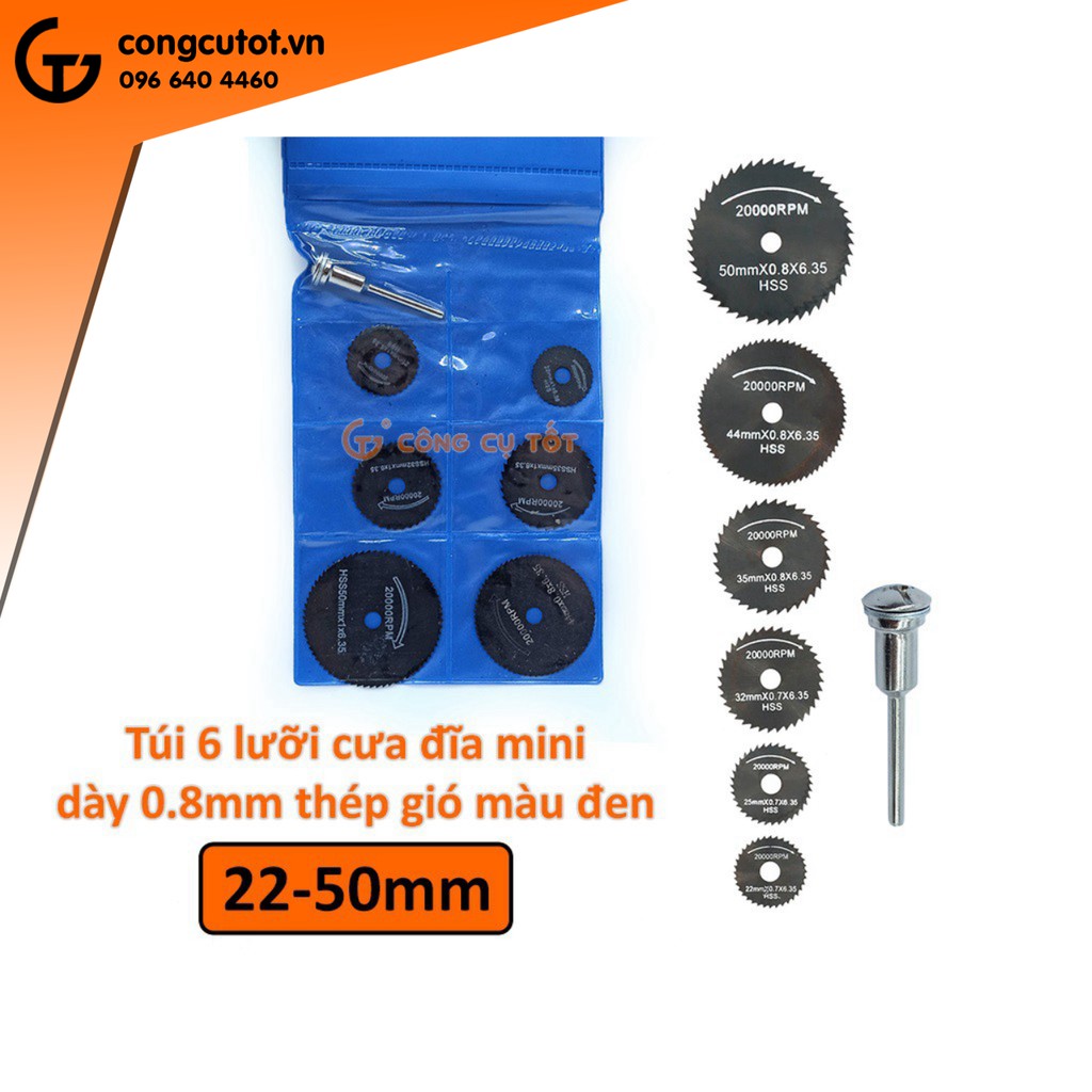 Bộ 6 lưỡi cưa đĩa mini 22-44mm thép gió đen dày 0.8mm