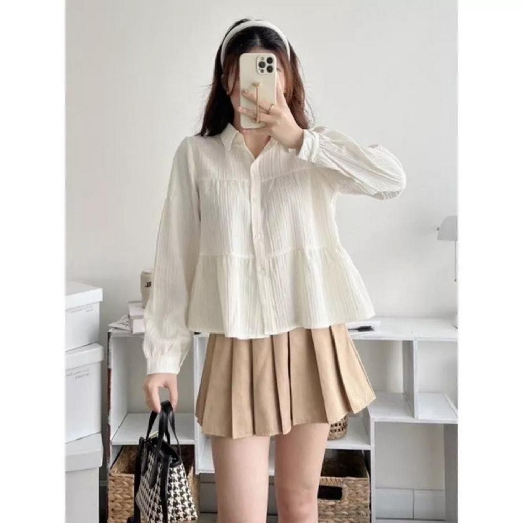 Áo sơ mi babydoll chất vải đũi gân xốp 3 tầng dáng vintage
