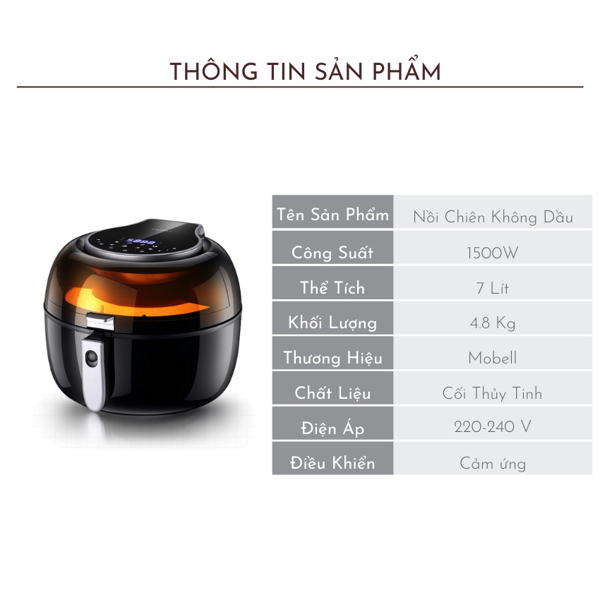 Nồi Chiên Không Dầu Điện Tử Mobell 7L Công Suất 1500W Điều Khiển Cơ Hàng Chính Hãng Bảo Hành 12 Tháng