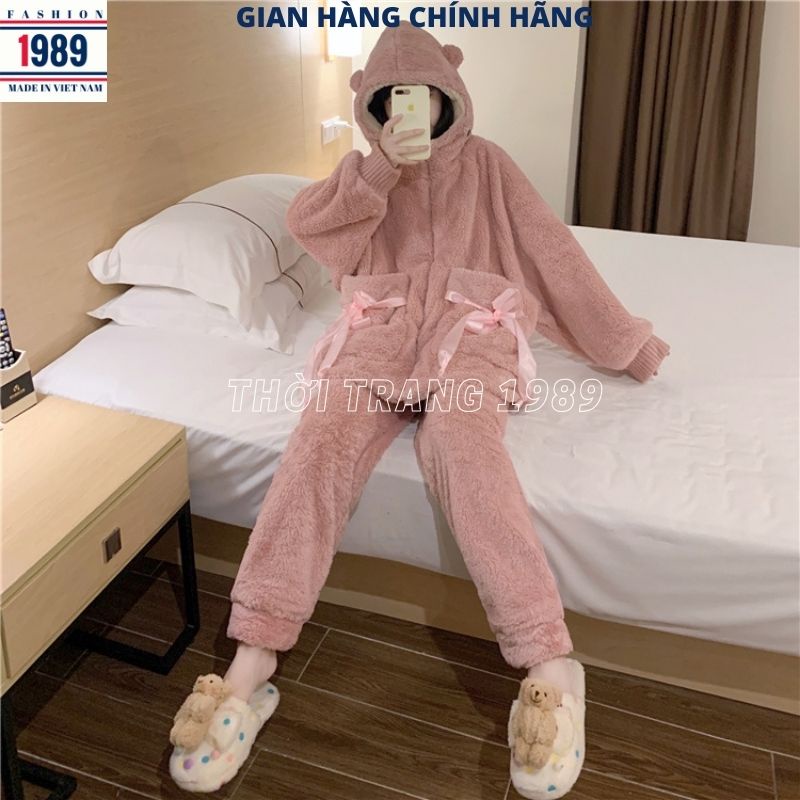 Bộ đồ mặc nhà lông cừu ấm áp nơ túi 2 mầu tím hồng ,bộ ngủ lông gấu nữ kute dễ thương -PHƯƠNG 1989