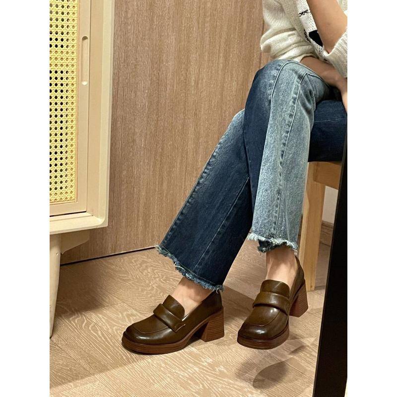 Giày Loafer Nữ Đế Cao Mũi Vuông Da Mềm Màu Nâu Vintage Retro Kiểu Hàn Quốc Thu Đông Đi Học Đi Chơi Đi Làm Chali G085
