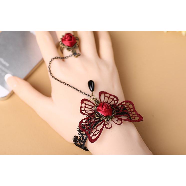 Lắc tay nữ liền nhẫn vải ren đỏ cao cấp trang sức cô dâu dự tiệc sang chảnh