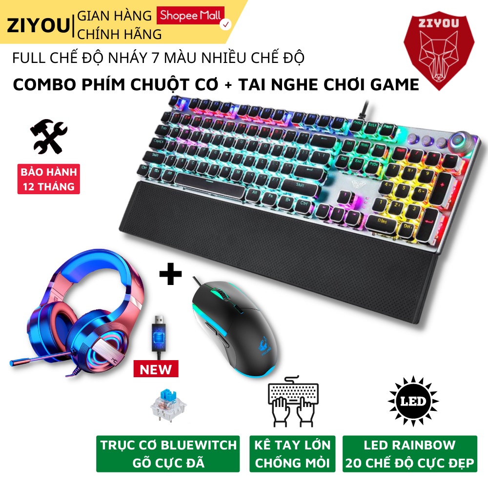 Combo bàn phím chuột và tai nghe gamning ZIYOU Set dành cho game thủ chuyển game, full led RGB, FZ508+V7+Q9