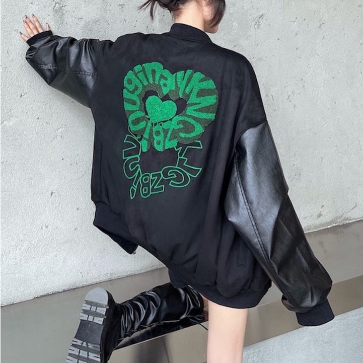 Áo khoác,bomber thân nỉ tay da hình in siêu to sau lưng cực chất