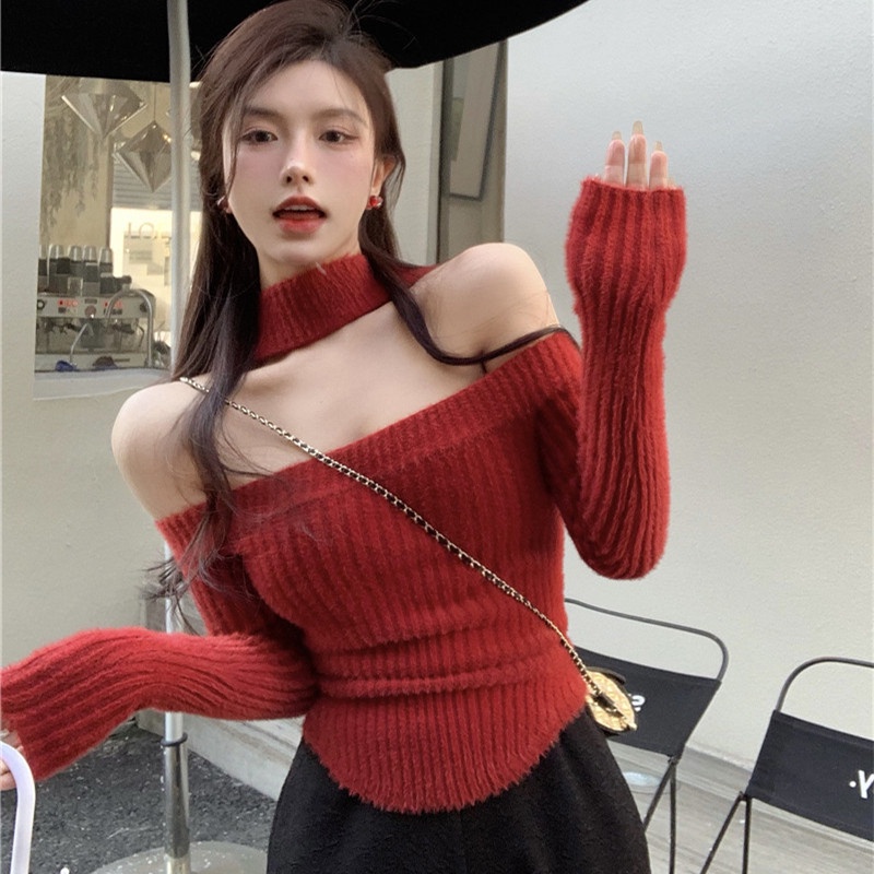 Áo Dệt Kim Trễ Vai Tay Dài Dáng Ôm Thời Trang Thu Đông Dành Cho Nữ