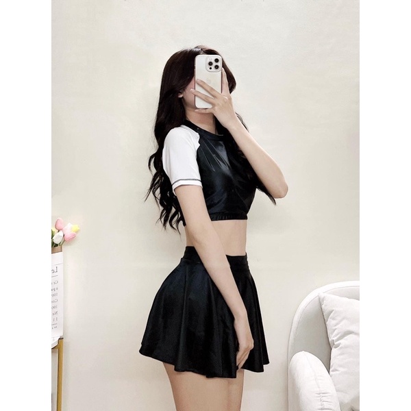 Có size M,L,XL Đồ bơi nữ, bikini đi biển kín đáo váy xoè phối áo croptop - đồ bơi học sinh nữ kín đáo  ME01