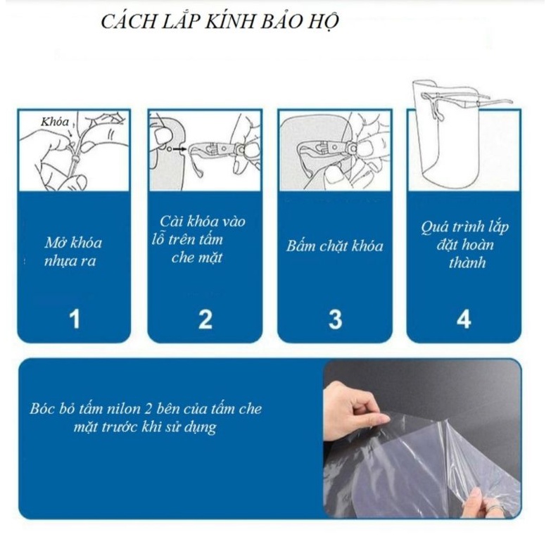 Kính chống giọt bắn che mặt, có gọng gương, an toàn, dễ sử dụng