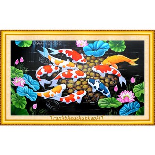 Tranh đính đá, Tranh thêu chữ thập 3D Cửu ngư quần hội LV062, LV3042 - tự thêu, tự đính