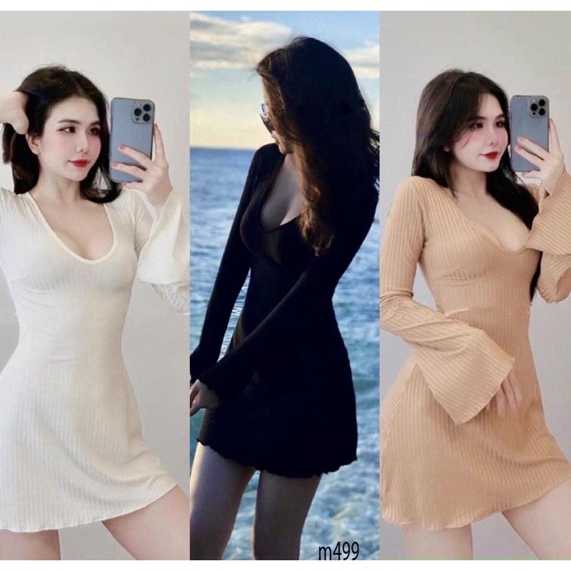 Rẻ vô địch  Đầm xòe cổ tim, tay dài hơi loe, thiết kế đơn giản nhưng cực kì sang trọng -Mã 113 | BigBuy360 - bigbuy360.vn