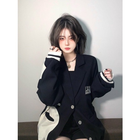 Áo khoác bomber cổ vest đen trắng cá tính Hàn Quốc - Áo blazer cách điệu unisex nam nữ